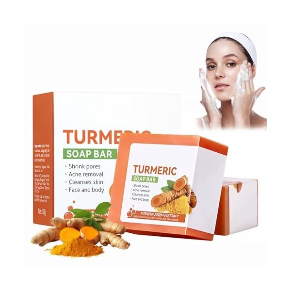 Savon Curcuma Visage,Turmeric Soap,Savon Au Curcuma,Savon Au Curcuma Eclaircissant,Savon de Bain pour le Visage et le Corp,Sa