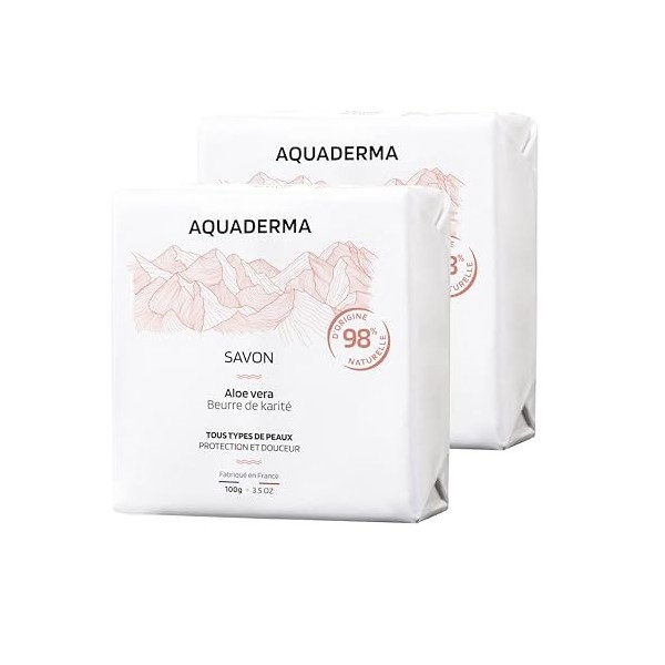 Aquaderma Savon Solide Beurre de Karité & Aloe Vera BIO Lot de 2 * 100g - 98% Origine Naturelle & Made in France - Protection