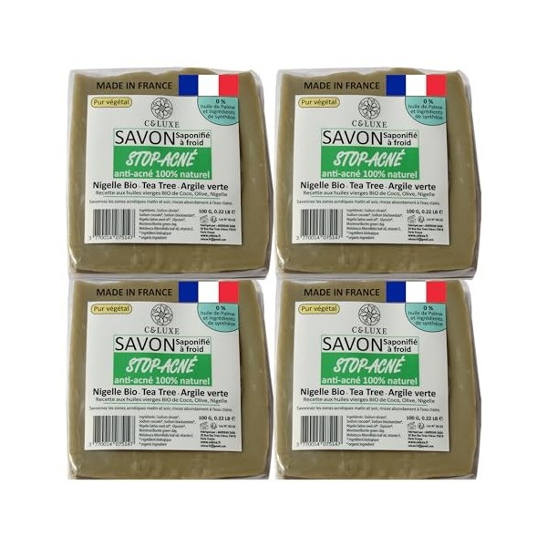 savon anti acné "stop acné" Nigelle bio Tea Tree argile verte 100% naturel saponifié à froid : peaux grasses et acnéiques, an