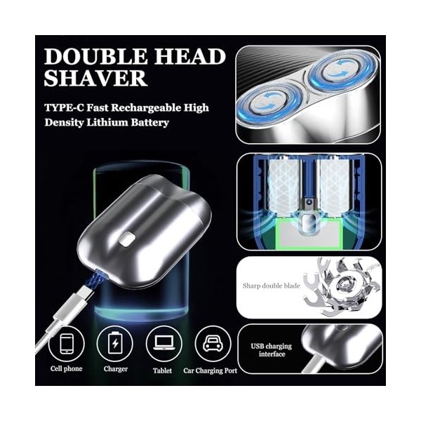 Rasoir Electrique Homme, Mini Rasoir Homme Electrique, Rasoir de Voyage Portatif, Étanche Rechargeable Humide et Sec Mini Ele