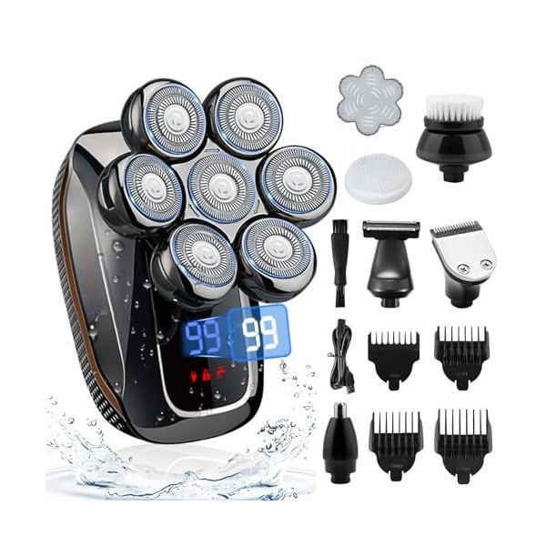 Rasoir Electriques Hommes, 6 in 1 Rasoir Tete Chauve Homme, 7D Tondeuse Barbe Homme, Tondeuse Cheveux Hommes IPX7 Étanche Sec