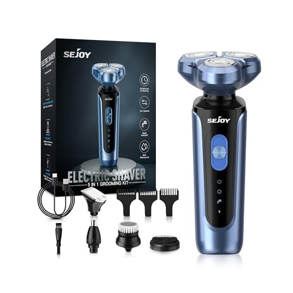 Sejoy Rasoir électrique pour le visage des hommes, sans fil, rasoir rotatif rechargeable par USB, kit portable 5 en 1, rasoir