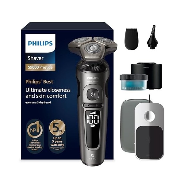 Philips Shaver S9000 Prestige, rasoir électrique Wet&Dry, or, technologie SkinIQ, pochette premium, plateau de charge Qi, ton