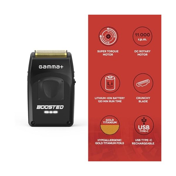 GAMMA+ Boosted Rasoir Électrique Hommes Barbe et Cheveux avec 3 Lames, Rasoir Barbe Électrique Sans Fil, Autonomie de 120 Min