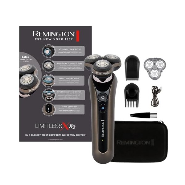 Remington Rasoir rotatif X9 système de coupe hybride SynX: rotatif & grille, rasage humide & sec, tondeuse précision, lames 