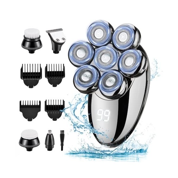 Rasoir Electriques Hommes, 5 in 1 Rasoirs à Têtes Rotatives, IPX7 Étanche Rechargeable Sec et humide Rasoir Ensemble à tête c