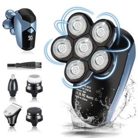 Rasoir Électrique Hommes Cheveux Multifonction 6 Têtes, Rasoir Crane Chauve 5 en 1, Humide et Sèche, Écran Intelligent, Recha