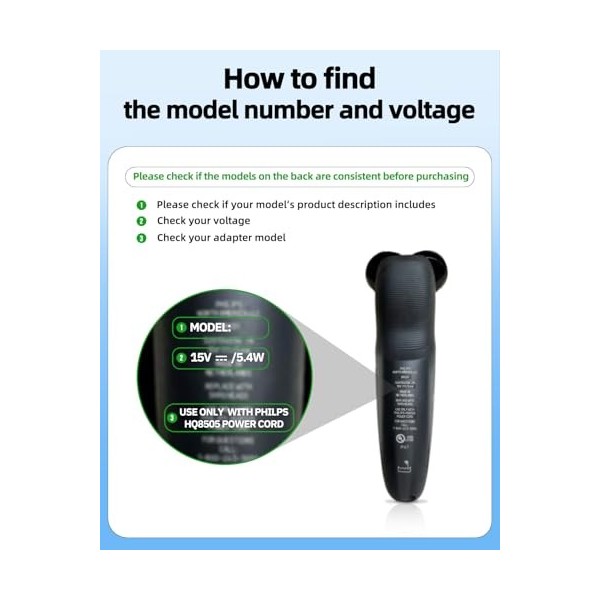 Chargeur Compatible avec Philips Rasoirs - pour HQ8505, 5000, 9000, 7000, 3000 Série, 1,8M 15V Bodygroom, Norelco S5050, AT7