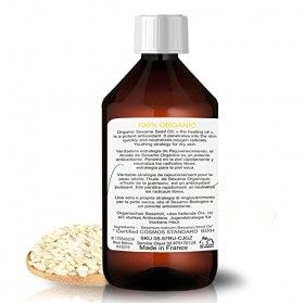 Huile de sésame biologique 100% pure et naturelle, extraite de la pression à froid des graines de sésame. Certifié biologique
