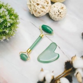 Prettivo Gua Sha & Jade Ensemble de rouleaux de massage facial en quartz rose pour homme et femme – Cadeau de soins personnel