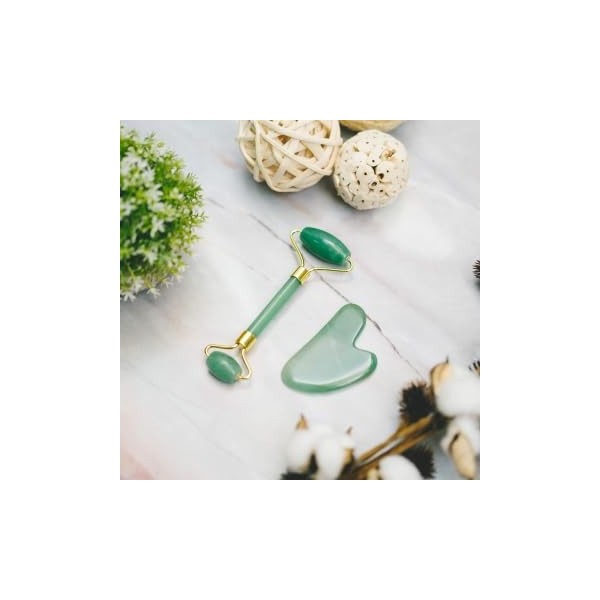 Prettivo Gua Sha & Jade Ensemble de rouleaux de massage facial en quartz rose pour homme et femme – Cadeau de soins personnel