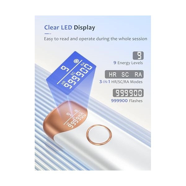 Épilateur Lumière Pulsée IPL avec Refroidissement par Glace, Épilateur Laser Femmes avec Fonction RH/SC/AR, 9 Niveaux Dénerg