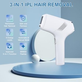 Uera 3-en-1 Epilateur Lumiere Pulsee IPL, 3 fonctions avancées HR/SC/RA, 999 900 impulsions lumineuses, appareil dépilation 