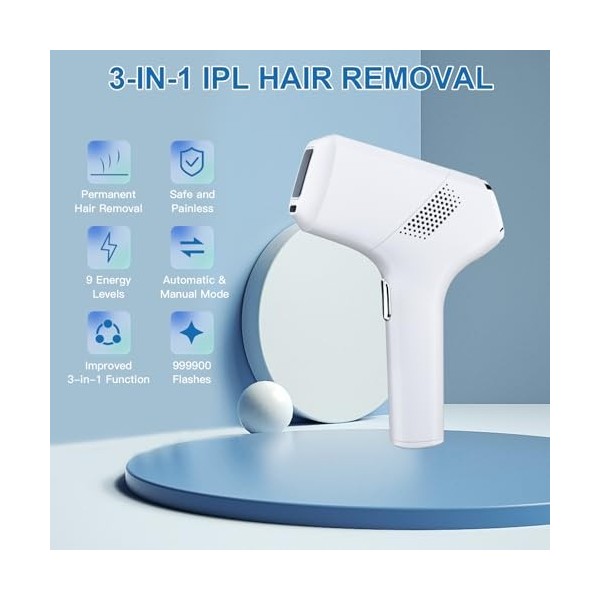 Uera 3-en-1 Epilateur Lumiere Pulsee IPL, 3 fonctions avancées HR/SC/RA, 999 900 impulsions lumineuses, appareil dépilation 