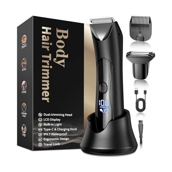 KUAIVO Tondeuse Corps Homme, Tondeuse Homme Partie Intime 2 en 1 IPX7 étanche avec lumière LED/station de charge debout, Type