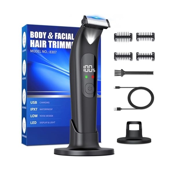 Tondeuse Corps Homme, Tondeuse Intime Homme avec Peigne Limite Réglable, Tondeuse Partie Intime Homme avec Lumière et Afficha