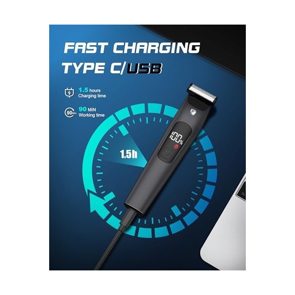 Tondeuse Corps Homme, Tondeuse Intime Homme avec Peigne Limite Réglable, Tondeuse Partie Intime Homme avec Lumière et Afficha