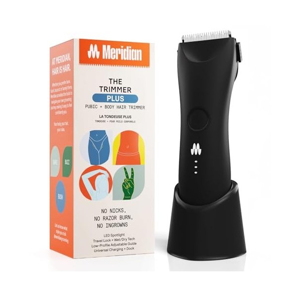 MERIDIAN Trimmer Plus Tondeuse à poils corporels, protection réglable, chargement USB C, lampe flash, verrou de voyage, stati...