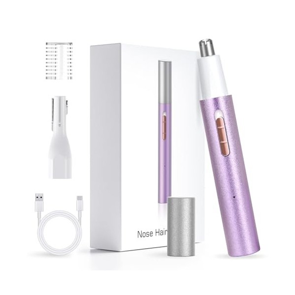 Tondeuse pour nez, oreilles et sourcils rechargeable et indolore, IPX7 étanche, double lames, portable, violet