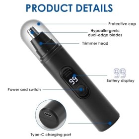 LANAFAY Tondeuse noire pour poils de nez 125 x 25 x 25 mm, outil de coupe doreille et de sourcils avec lumière LED, recharge