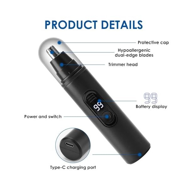 LANAFAY Tondeuse noire pour poils de nez 125 x 25 x 25 mm, outil de coupe doreille et de sourcils avec lumière LED, recharge