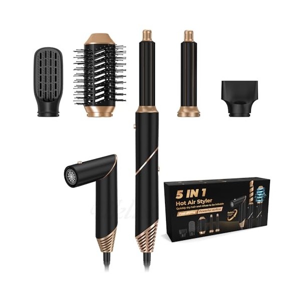 UKLISS Brosse Soufflante 5 en 1 Airstyler & Ionique Brosse Chauffante Brushing Sèche-cheveux Ionique Set, Noir, DE02