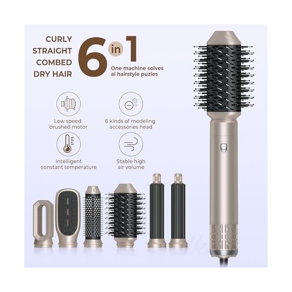 Brosse à cheveux 6 en 1 Airstyler automatique à air chaud - Sèche-cheveux - Fer à friser - Brosse volumisante pour le séchage