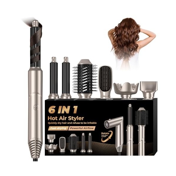UKLISS Brosse Soufflante Ionique 6 en 1 Airstyler Sèche Cheveux 1000W Brosse Chauffante Brushing Boucleur a Cheveux Sèche Che