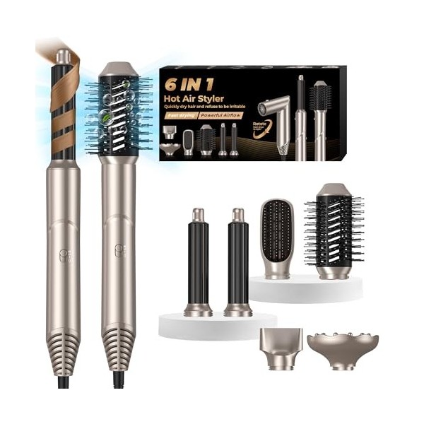 UKLISS 6 en 1 Airstyler & Sèche Cheveux, Brosse Soufflante Ionique Brosse Chauffante Brushing Sèche Cheveux à Air Chaud avec 