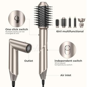 UKLISS 6 en 1 Airstyler & Sèche Cheveux, Brosse Soufflante Ionique Brosse Chauffante Brushing Sèche Cheveux à Air Chaud avec 