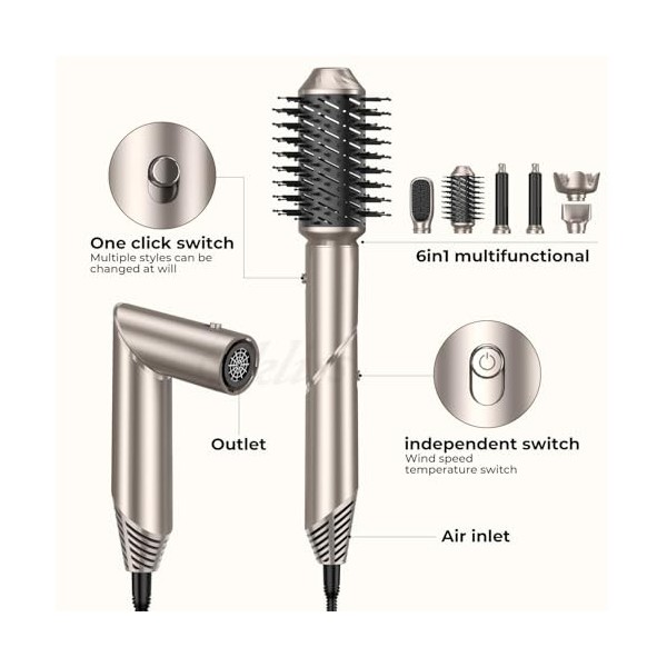 UKLISS 6 en 1 Airstyler & Sèche Cheveux, Brosse Soufflante Ionique Brosse Chauffante Brushing Sèche Cheveux à Air Chaud avec 