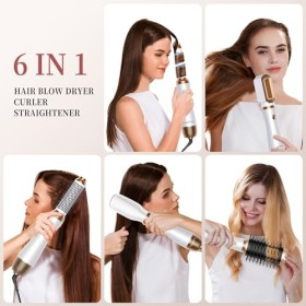 6 en 1 Air Styler Brosse Soufflante Hair Styler Avec 6 Accessoires Seche Cheveux Fer a Boucler Brosse Soufflante, Brosse Liss