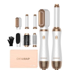 OKWRAP Airstyler Kit de coiffeur 6 en 1 avec sèche-cheveux rond Brosse soufflante à air chaud Brosse thermique Curly Tout en 