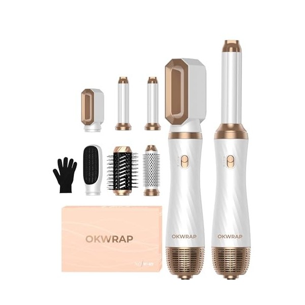 OKWRAP Airstyler Kit de coiffeur 6 en 1 avec sèche-cheveux rond Brosse soufflante à air chaud Brosse thermique Curly Tout en 