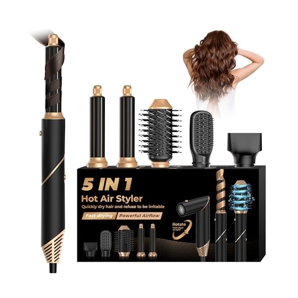UKLISS Airstyler 5 en 1 avec Fer à Friser à Air Ionique Brosse Soufflante Multistyler Kit Aérographe 5 en 1 avec Brosses de C