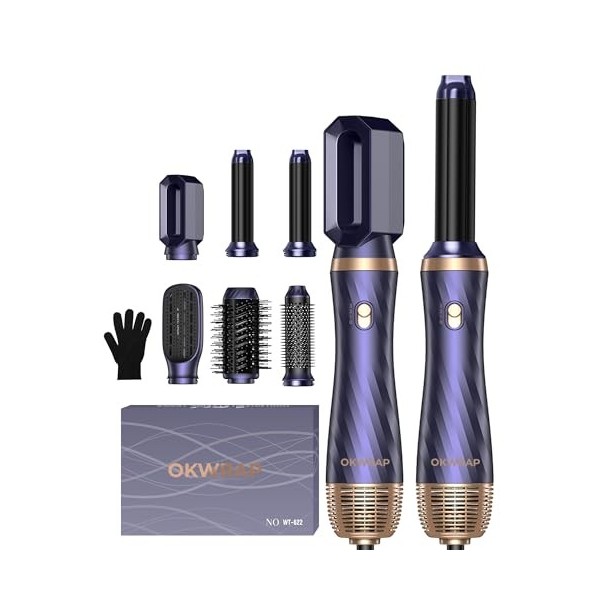 6 en 1 Air Styler OKWRAP Brosse Soufflante Hair Styler Avec 6 Accessoires Seche Cheveux Fer a Boucler Brosse Soufflante, Bros