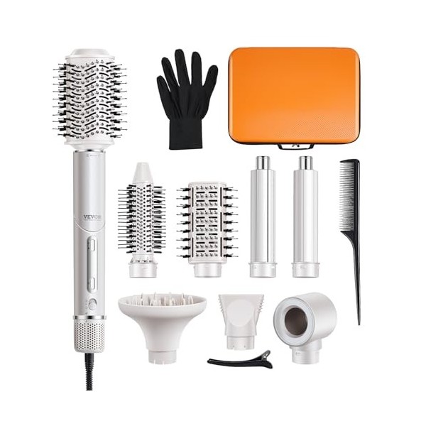 VEVOR Brosse Sèche-cheveux 7 en 1 Styler Multifonction Professionnel Ionique Air Chaud 110000 tr/min avec 2 Bigoudis à Enroul