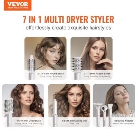 VEVOR Brosse Sèche-cheveux 7 en 1 Styler Multifonction Professionnel Ionique Air Chaud 110000 tr/min avec 2 Bigoudis à Enroul