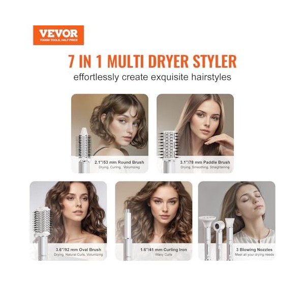 VEVOR Brosse Sèche-cheveux 7 en 1 Styler Multifonction Professionnel Ionique Air Chaud 110000 tr/min avec 2 Bigoudis à Enroul