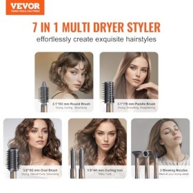 VEVOR Brosse Sèche-cheveux 7 en 1 Styler Multifonction Professionnel Ionique Air Chaud 110000 tr/min avec 2 Bigoudis à Enroul