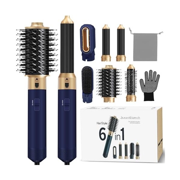Hair Styler 6 en 1, Set de Coiffure Airstyler avec Sèche-Cheveux à Brosse Ronde, Brosse à Air Chaud, Fer à Friser Airflow Aut