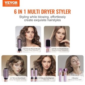 VEVOR Brosse Sèche-cheveux 6 en 1 Styler Multifonction Professionnel Ionique avec 2 Bigoudis à Enroulement Automatique, 3 Bro