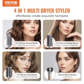 VEVOR Brosse Sèche-cheveux 4 en 1 Styler Multifonction Professionnel Ionique Air Chaud avec 3 Brosses et 1 Buse, 4 Températur