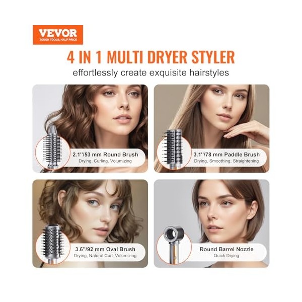 VEVOR Brosse Sèche-cheveux 4 en 1 Styler Multifonction Professionnel Ionique Air Chaud avec 3 Brosses et 1 Buse, 4 Températur