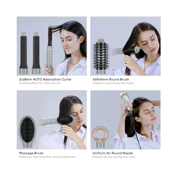 5 EN 1 Airtyler, PARWIN PRO BEAUTY Set de Brosse Soufflante, Sèche-Cheveux, 28mm Boucleur a Cheveux, Brosse Brushing Chauffan