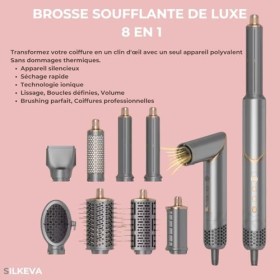 Le Professionnel de SILKEVA : Brosse soufflante ionique 8 en 1. Hot Air Styler Magic Twist. Sèche cheveux 1400W. Lisseur. Bou