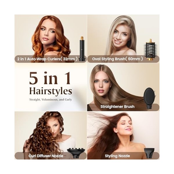 Supgaliy Air Styler 5 en 1 - Brosse Soufflante avec 1400W Sèche Cheveux, Hair Styler Multistyler set avec Boucleur Auto-Wrap,