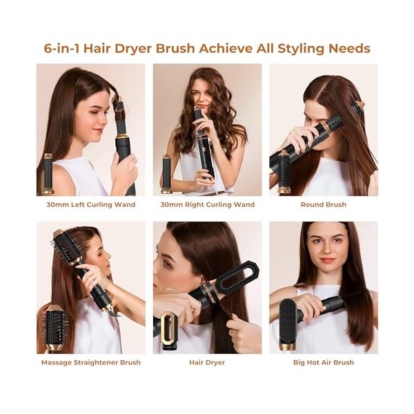 1000W Brosse Soufflante Brushing Set, 6 en 1 Air Styler Seche Cheveux, Brosse Chauffante, Brosse Soufflante,Air Fer À Boucler