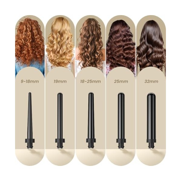 Pince à friser pour cheveux longs 9 mm-32 mm 5 en 1 Corps en céramique PTC LCD 180 °C et 210 °C Contrôle de la température Mu