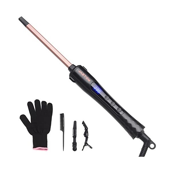 Fer à friser fin de 9 mm avec corps en céramique pour cheveux courts, moyens et longs, écran LCD, gants inclus